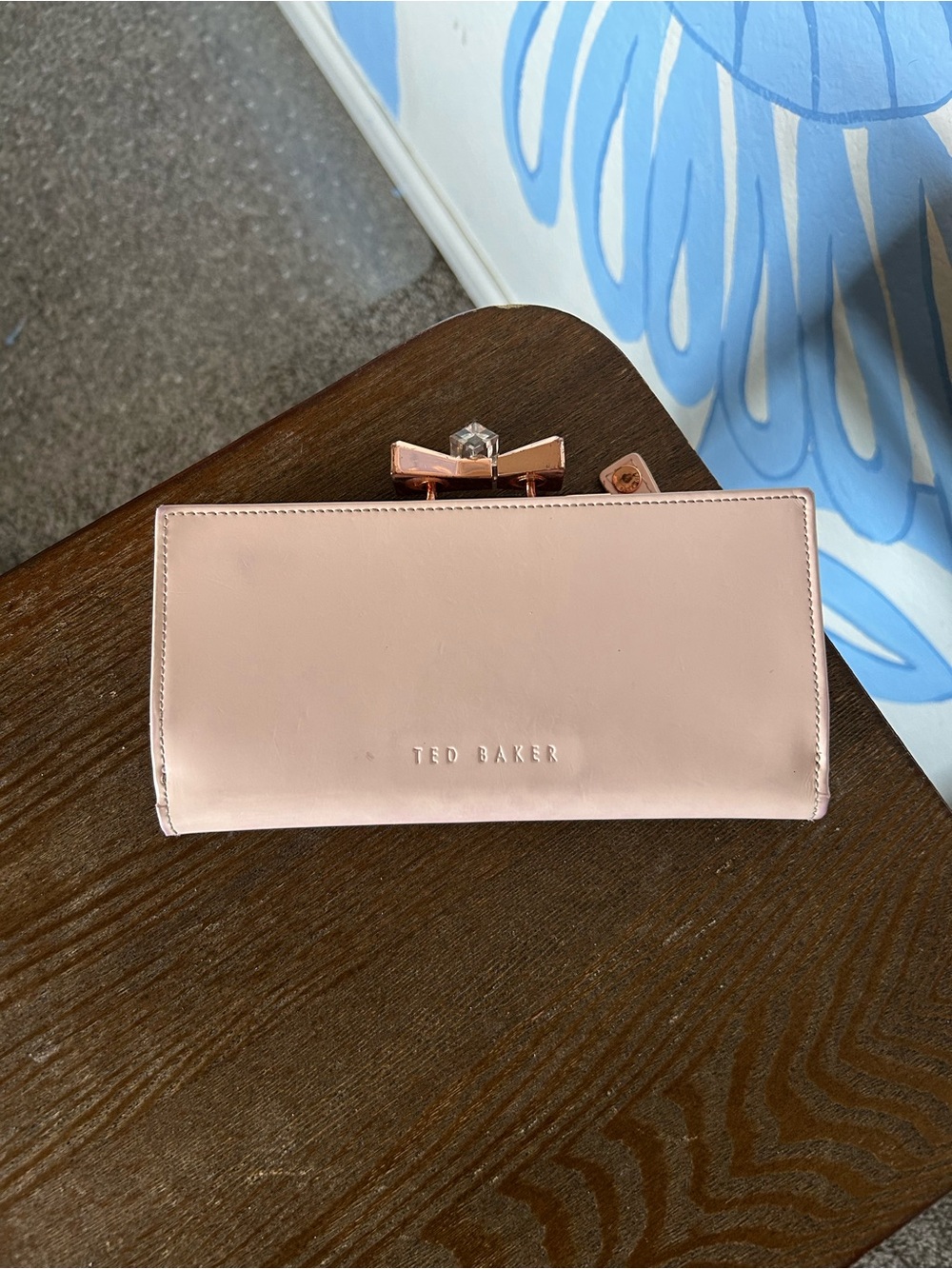 Ted Baker London Pale Pink Patent Leather Crystal Bow Matinee Wallet Clutch